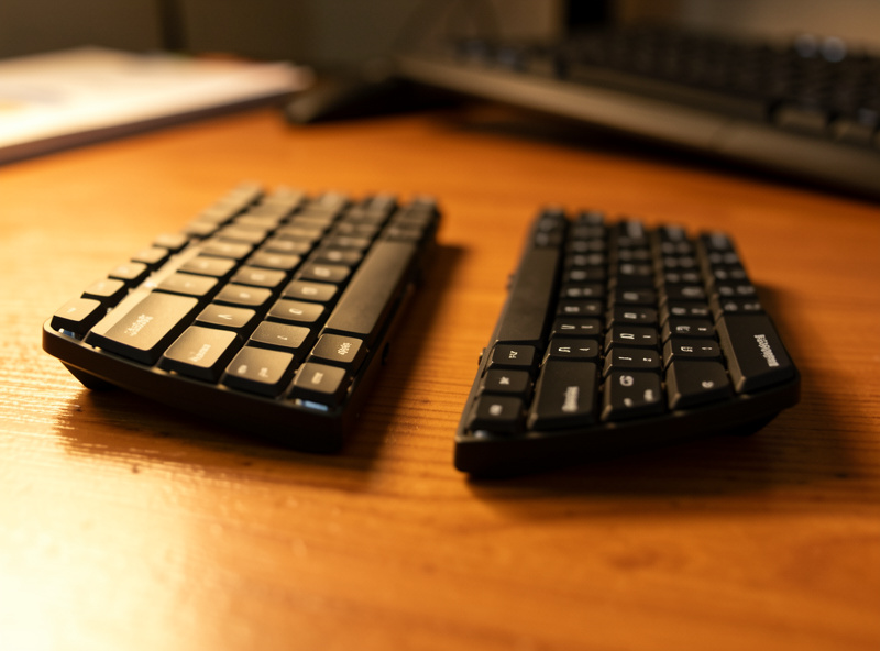 Split ergonomic keyboard halves on a wooden desk under warm side light
