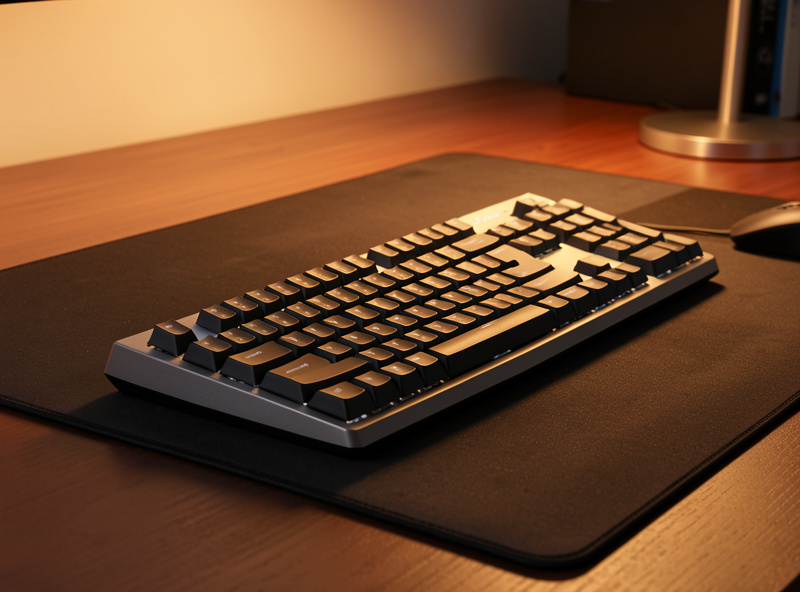 Tented one-piece ergonomic keyboard at a slight angle on a desk mat in warm lamp light