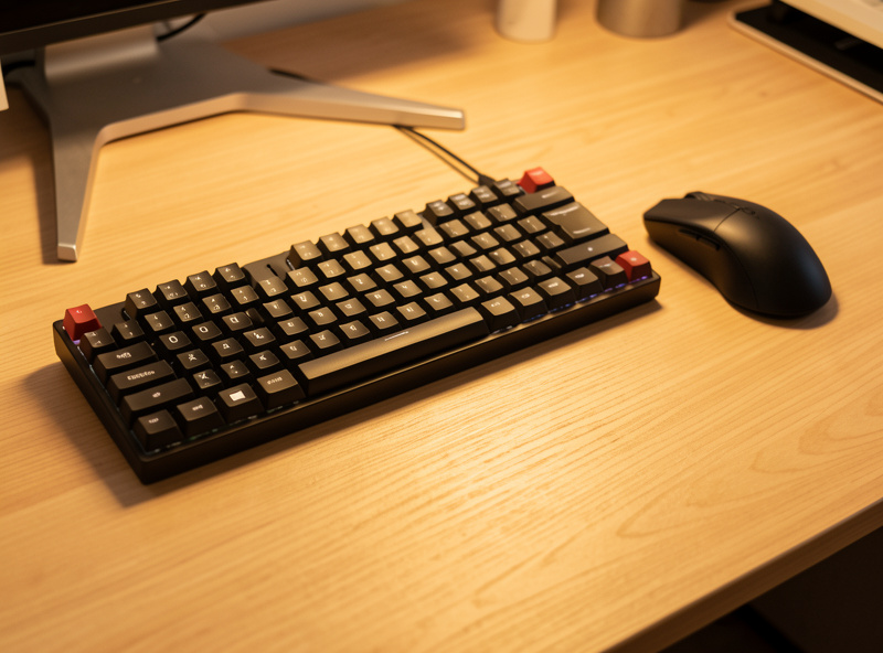 Tenkeyless mechanical keyboard with a mouse pulled close on a measured desk under warm light