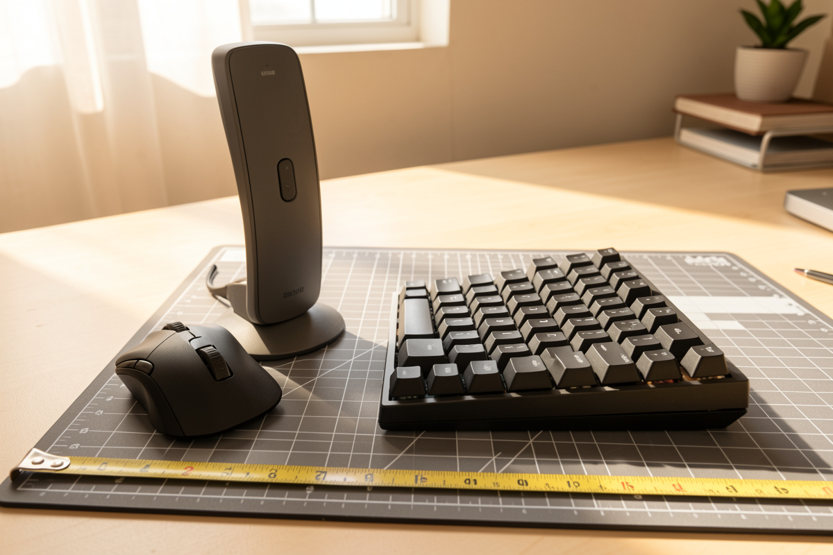 Vertical ergonomic mouse beside a compact mechanical keyboard on a measured desk mat with a tape measure