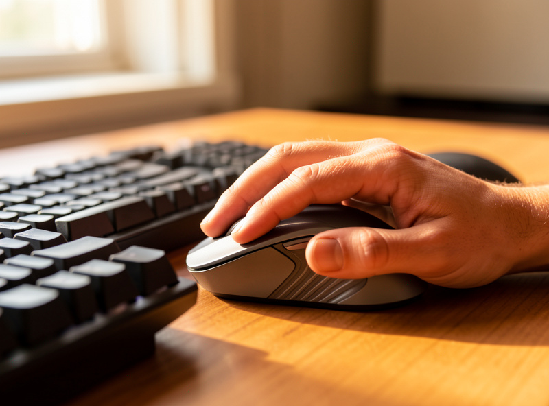 Hand resting on a sculpted ergonomic mouse beside a keyboard on a wooden desk in warm light
