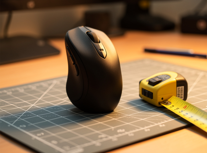 Vertical handshake-grip ergonomic mouse beside a tape measure on a desk mat