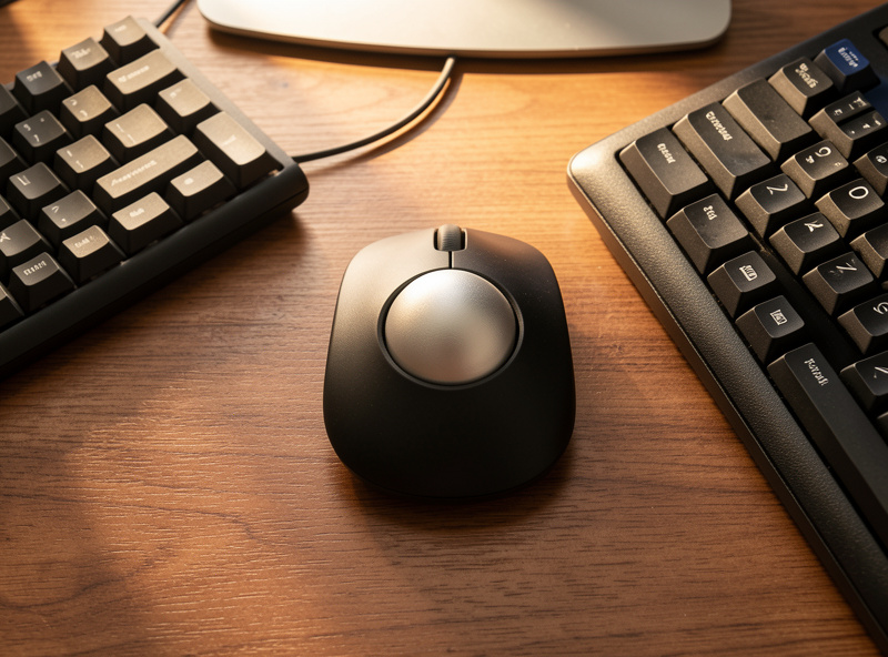 Finger-operated ergonomic trackball mouse on a tight desk setup with keyboard close alongside