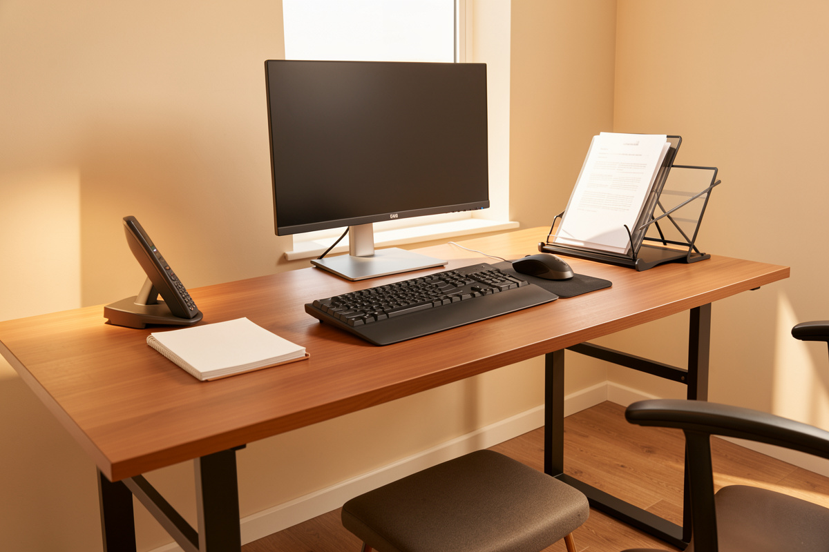 A measured desk workstation with monitor at eye line, ergonomic keyboard, vertical mouse, document holder and footrest