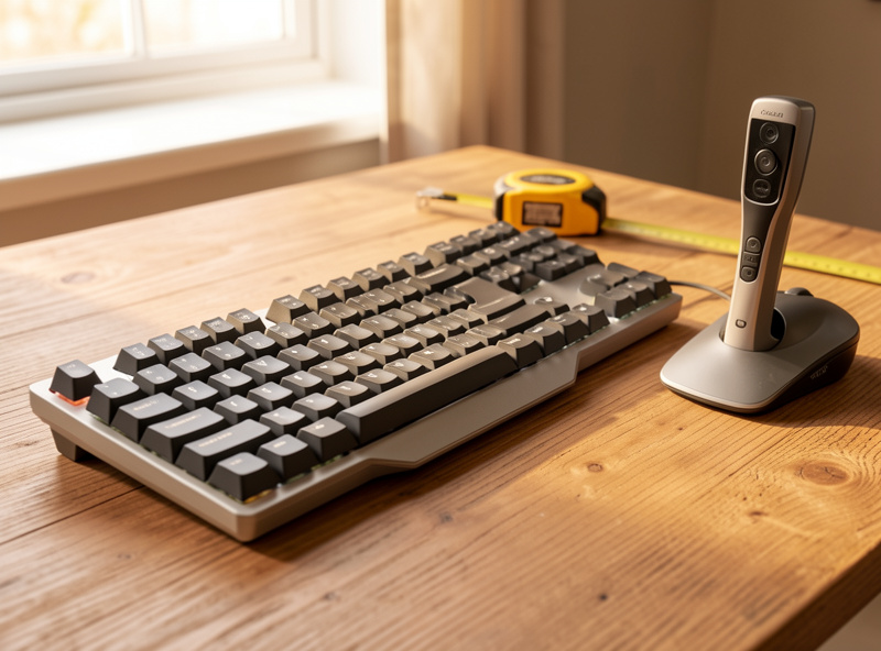 Split mechanical keyboard and vertical mouse on a wooden standing desk with a tape measure alongside