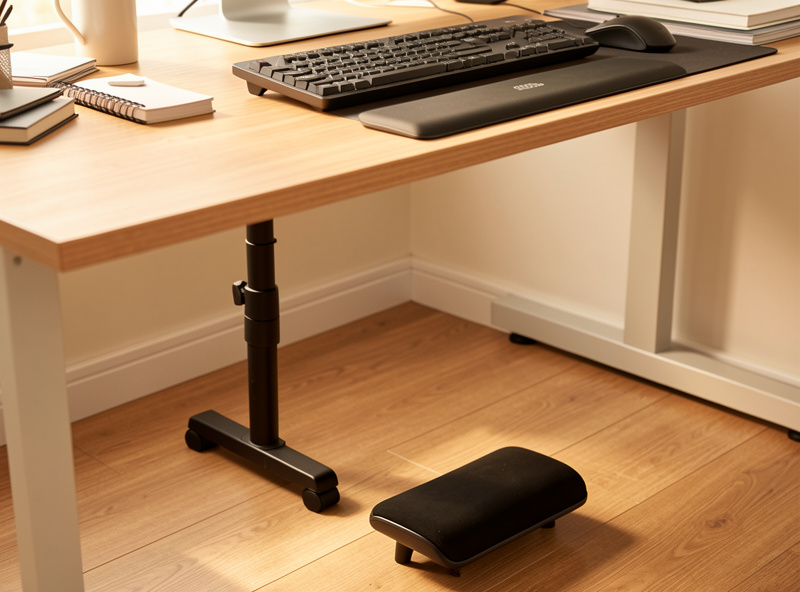 Adjustable under-desk footrest and a slim wrist rest positioned in front of a keyboard