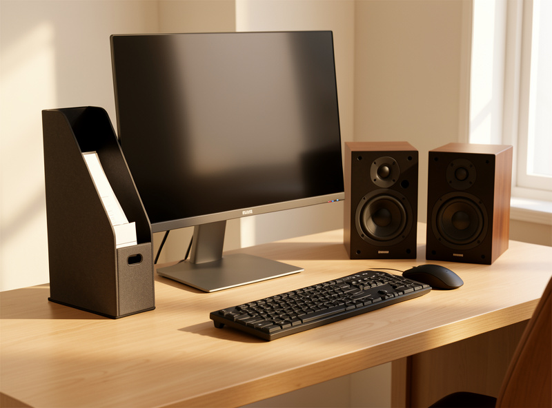A document holder placed beside a monitor next to a pair of desk speakers on a tidy workstation