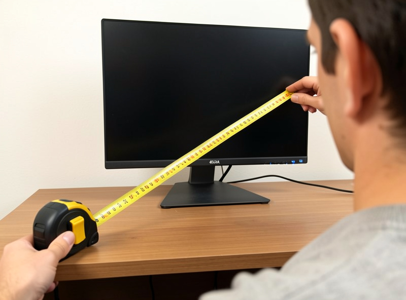 Tape measure from a seated person's eye level to a monitor center checking viewing distance