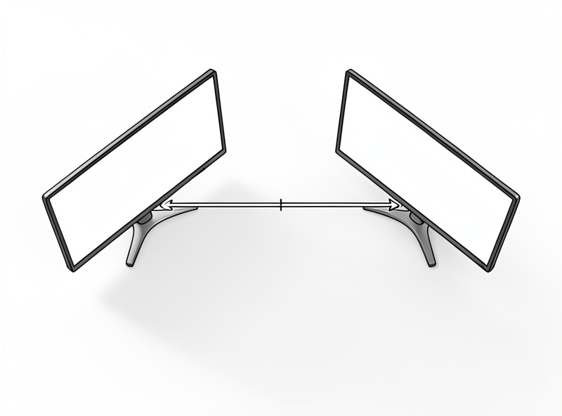 Top-down view of two angled monitors at equal distance from a central seating point