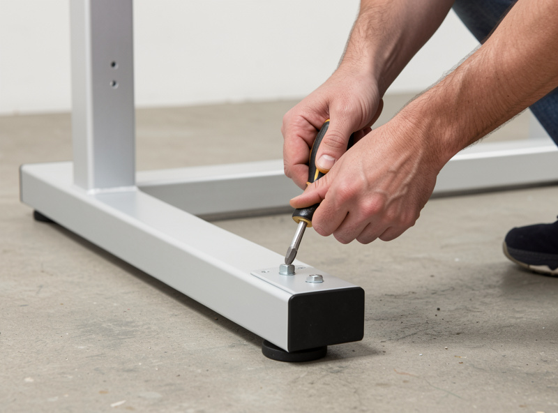 Tightening a bolt on a partially assembled standing desk frame leg on the floor