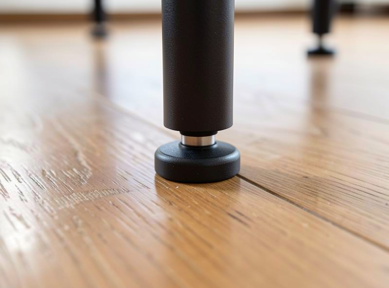Close-up of an adjustable leveling foot at the base of a standing desk leg on a wooden floor