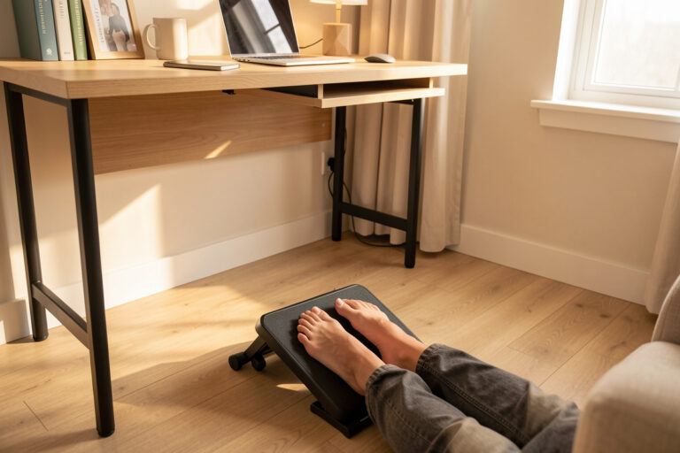 Adjustable footrest under a desk at a home workstation with feet resting flat