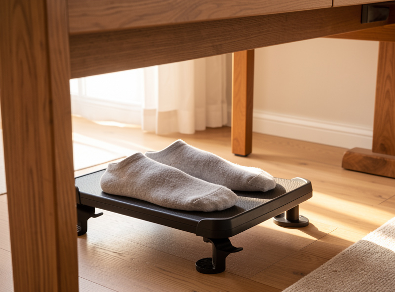 Adjustable footrest under a wooden desk with feet resting flat on the platform