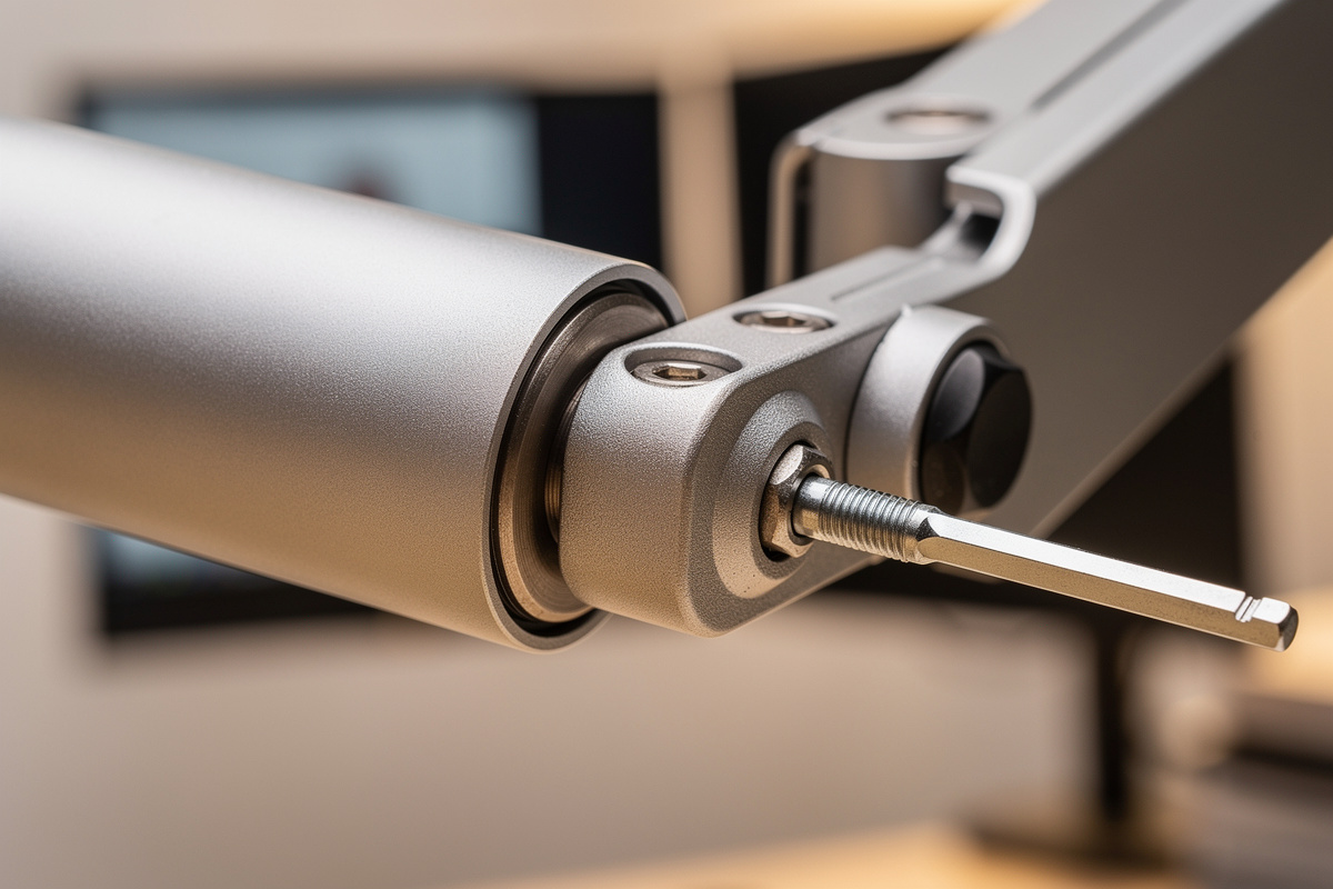 Close-up of a monitor arm gas-spring cylinder joint with a hex wrench in the tension adjustment port