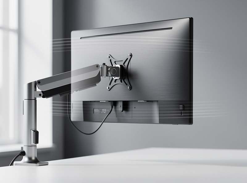 A monitor shown at two heights illustrating slow downward sag over time on a gas-spring arm