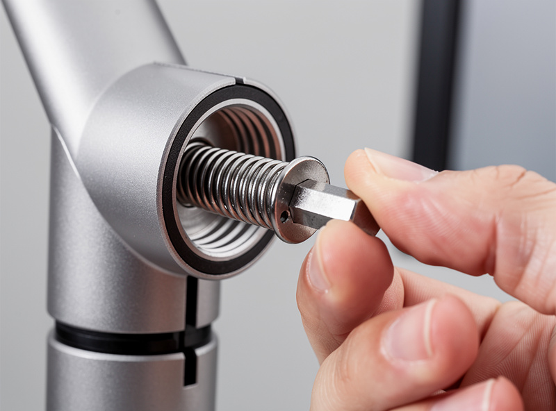 Hand turning the tension adjustment screw on a monitor arm with a hex key, close detail of the threaded port