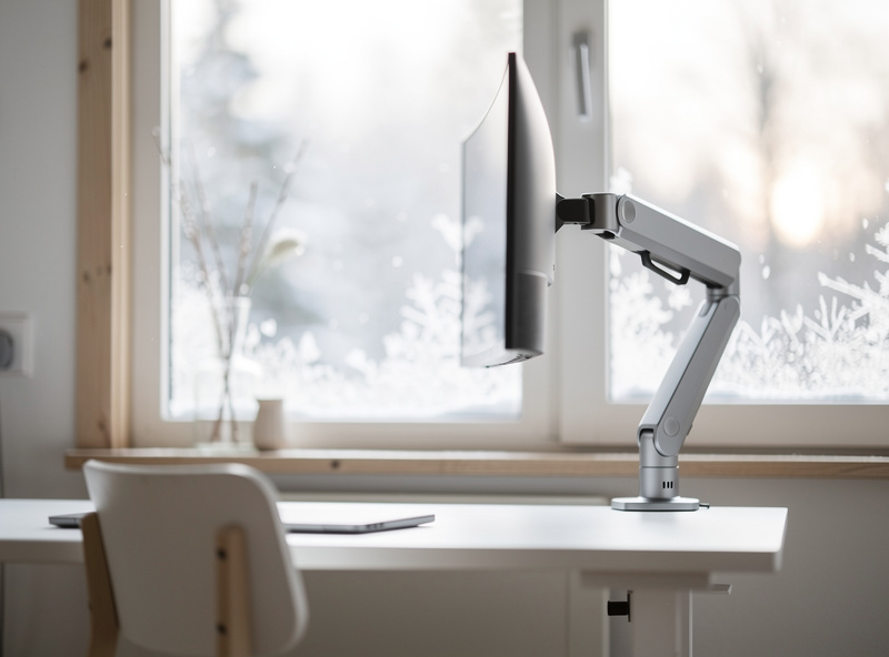 A monitor arm near a frosty cold window in a Nordic home office in morning light