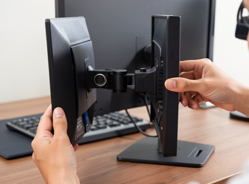 Hands rotating a monitor from landscape to portrait on a pivoting arm