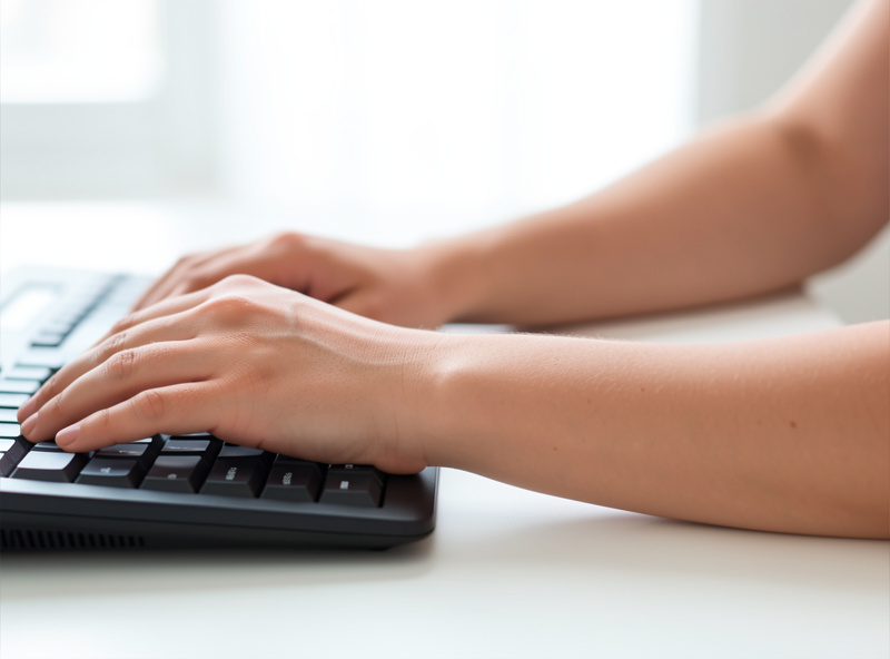 Forearms held parallel to the floor over a keyboard with straight neutral wrists