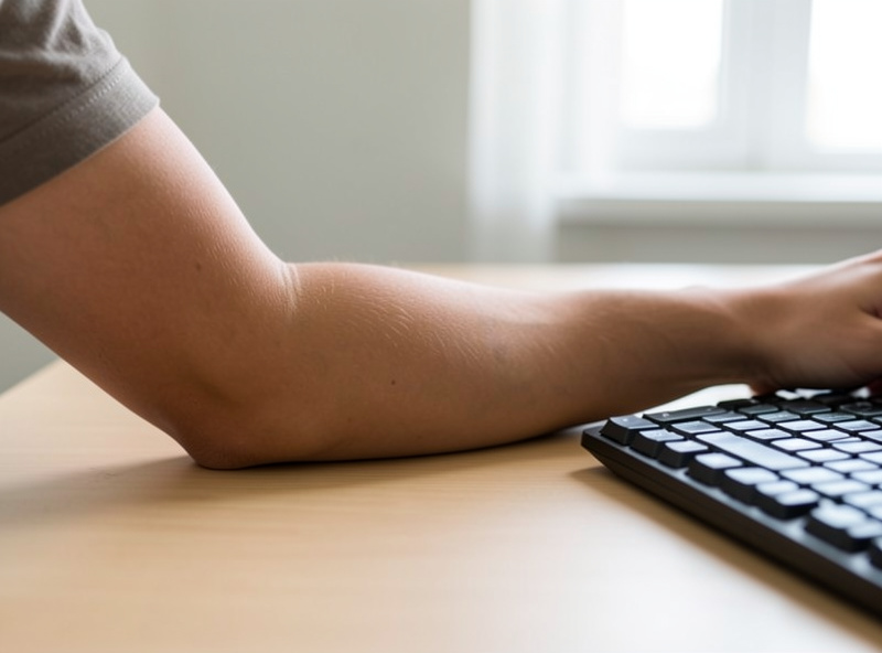 Close-up of a bent elbow level with the desk surface beside a keyboard