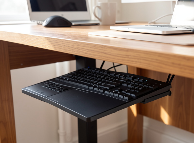 Under-desk pull-out keyboard tray mounted below a desktop