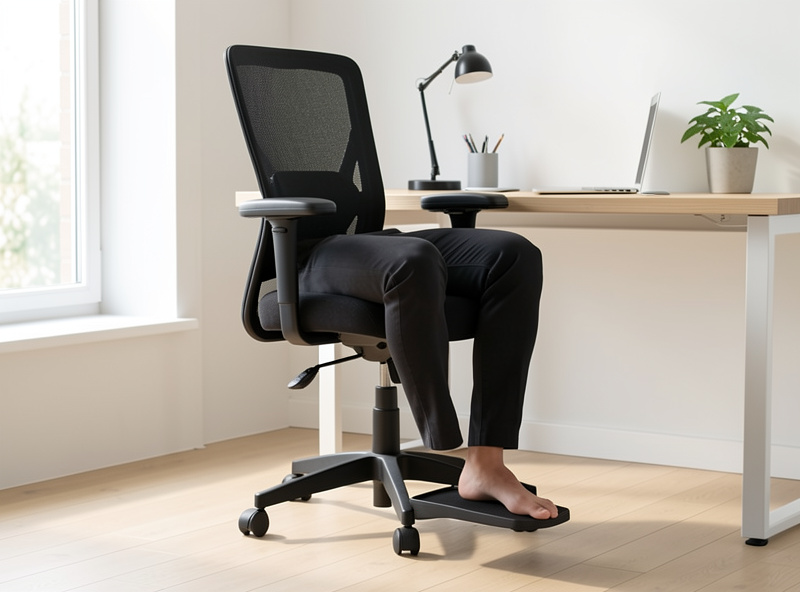 Office chair raised with a footrest under flat feet, thighs level