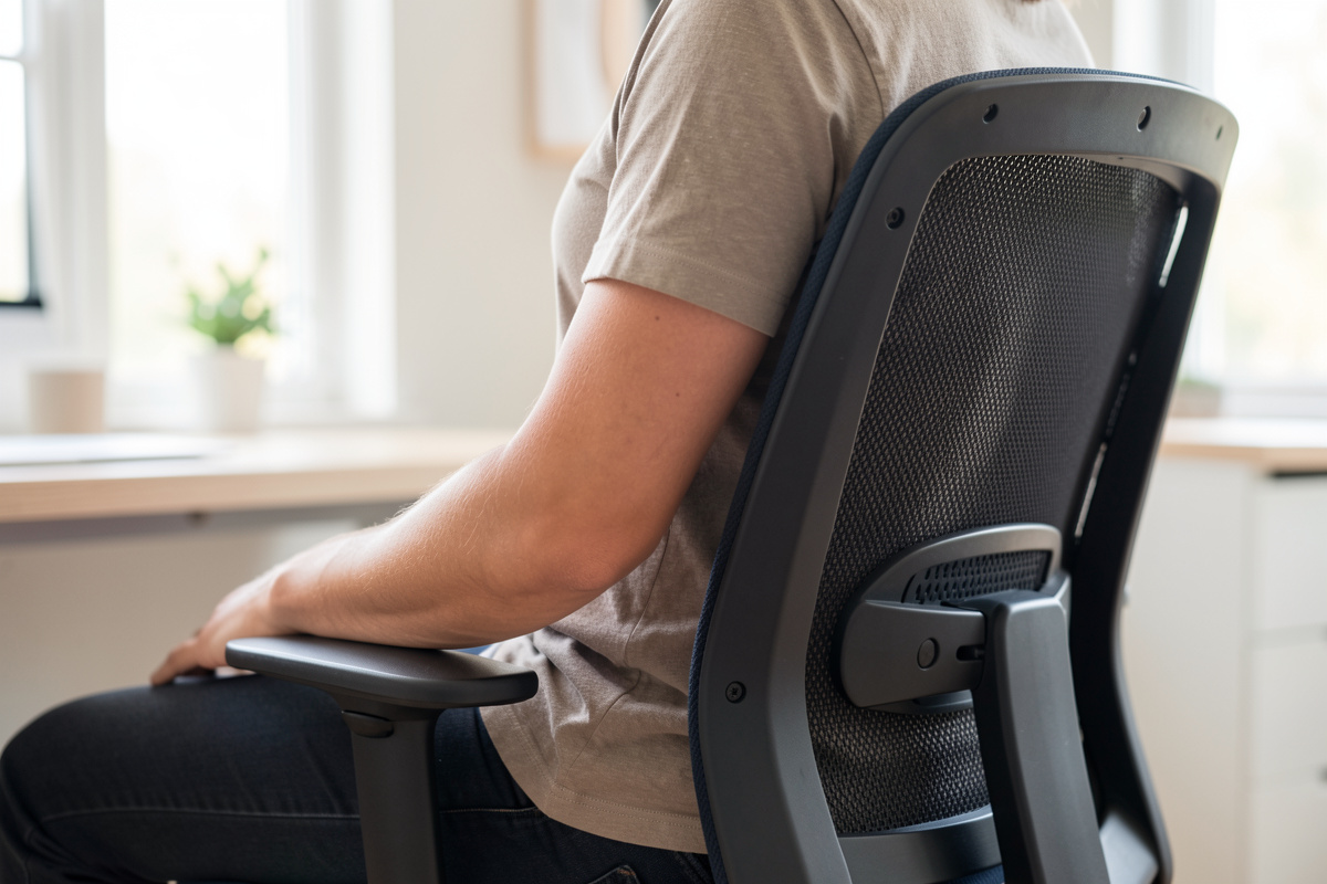 Seated person against ergonomic chair lumbar support, side profile