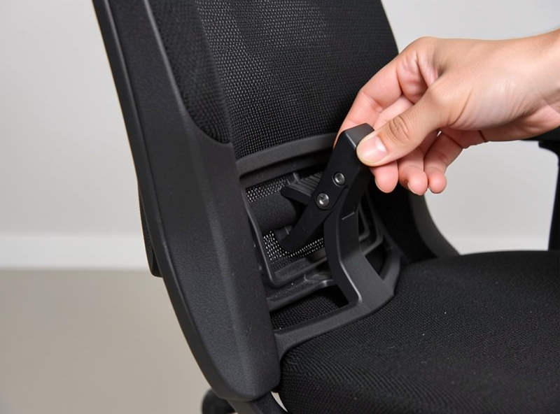 Close-up of a hand adjusting the height of the lumbar support mechanism on an ergonomic office chair backrest