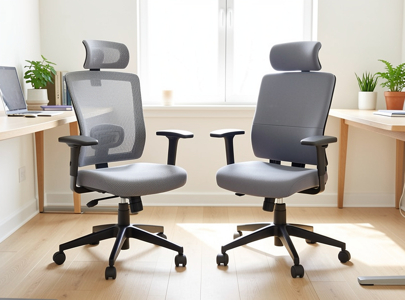 A mesh office chair and a foam-padded office chair side by side for comparison in a home office