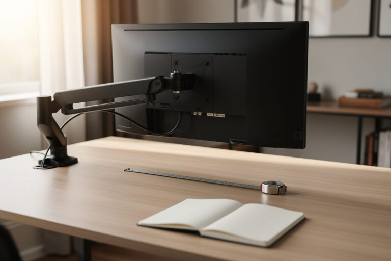 A 27-inch monitor floated on a black gas-spring monitor arm clamped to a clean home office desk
