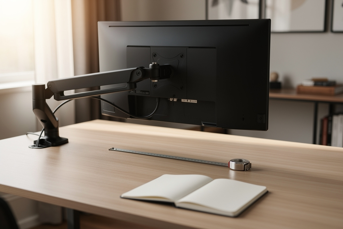 A 27-inch monitor floated on a black gas-spring monitor arm clamped to a clean home office desk