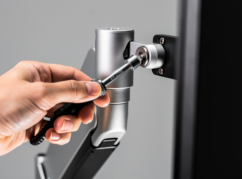 Hand adjusting the gas-spring tension knob on an aluminum monitor arm