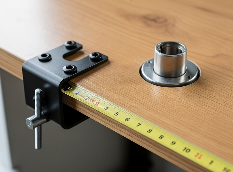 C-clamp monitor arm mount gripping a wooden desktop next to a separate grommet base with a tape measure across the desk thickness