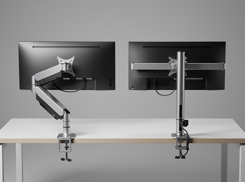 A single-monitor gas-spring arm next to a dual-monitor crossbar arm on a desk showing the difference in mounting hardware