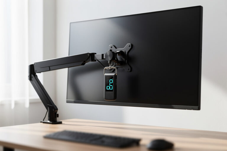 A monitor on a gas-spring arm with a digital scale on the VESA bracket showing the weight reading