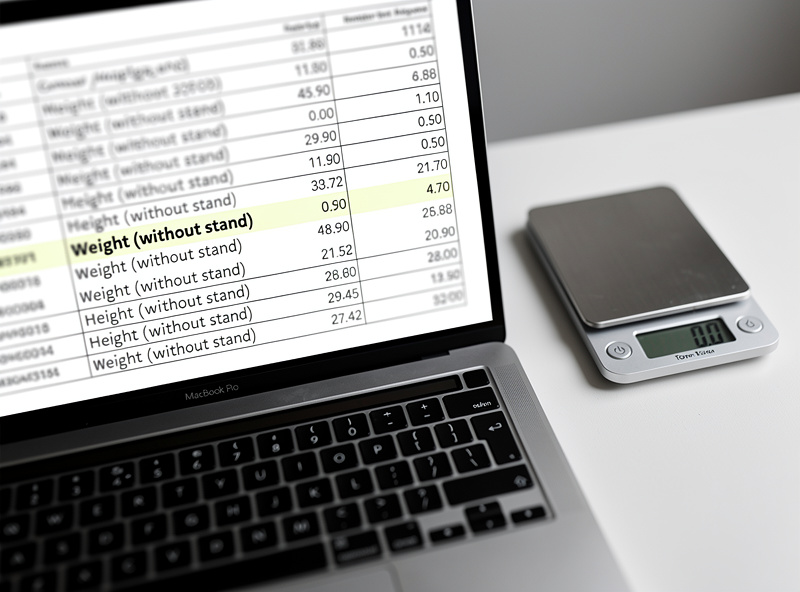 A monitor spec sheet with the weight-without-stand line highlighted next to a small kitchen scale