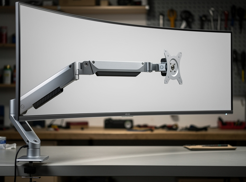 A heavy 34-inch ultrawide monitor on a single gas-spring arm at full extension showing joint stress