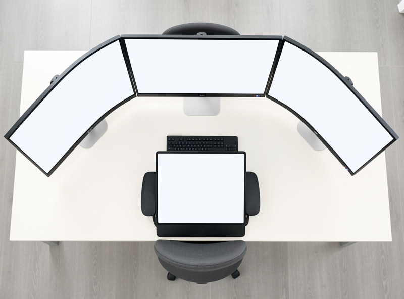 Top-down asymmetric dual layout with primary square ahead and secondary angled in from the side