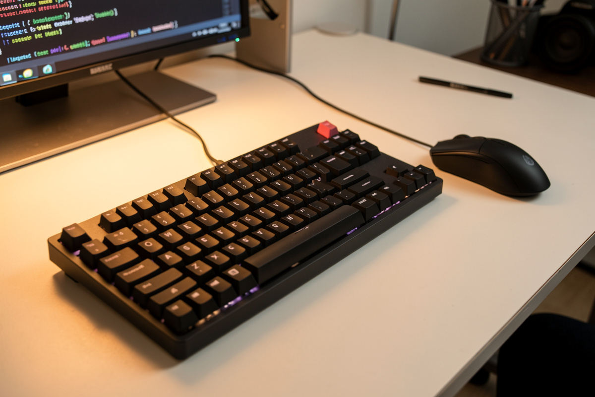 Tenkeyless mechanical keyboard on a clean coding desk with the mouse close by