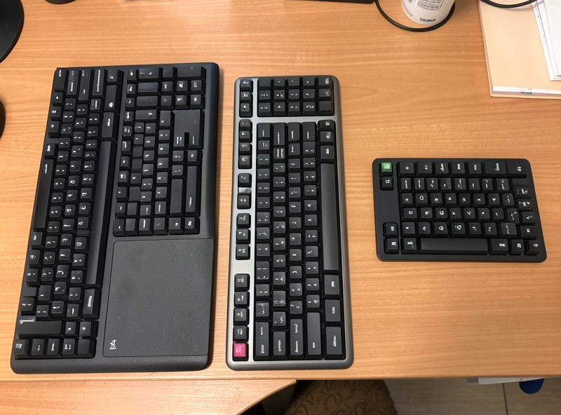 Three keyboards of different sizes side by side showing full-size, tenkeyless and compact layouts