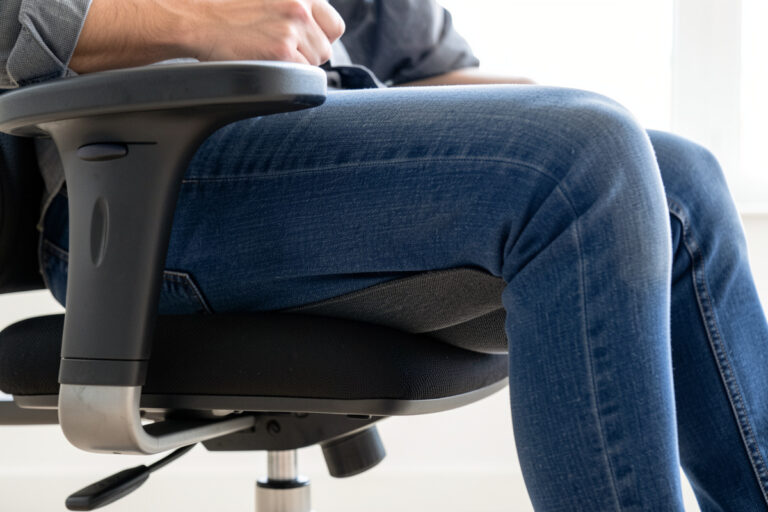 Side view of ergonomic chair seat depth showing the gap behind the knee