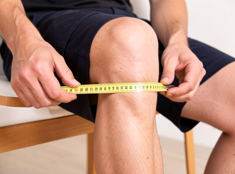 Measuring femur length horizontally from buttock to back of knee on a seated person with a tape measure