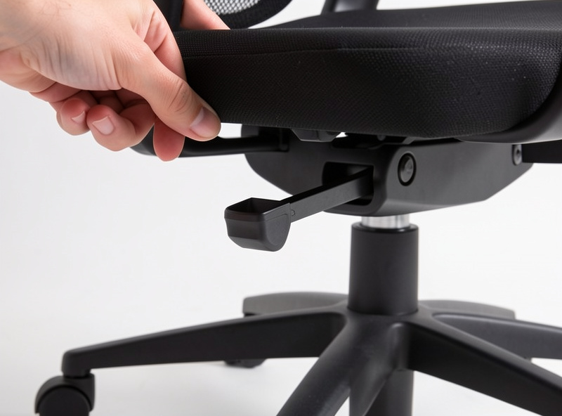 Hand operating the seat depth slider lever under an ergonomic office chair seat pan