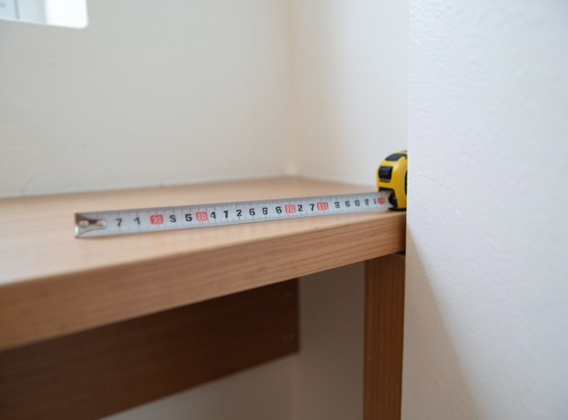 Tape measure laid across a narrow desk alcove in a small apartment room