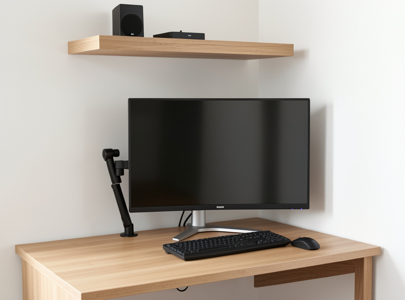 Compact desk against a wall with a monitor arm and a floating shelf holding accessories above the screen