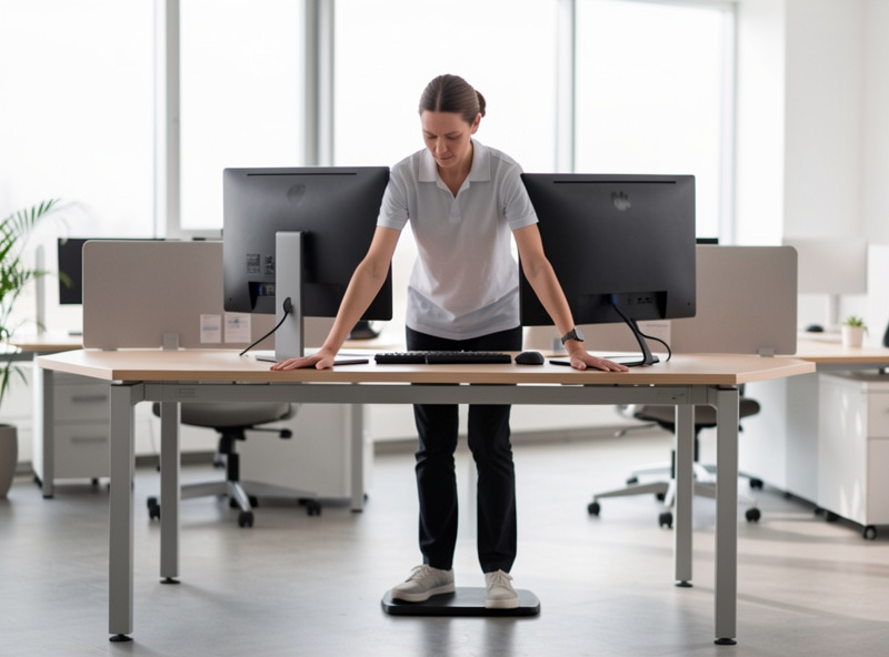 Running a wobble test on a standing desk at full height with both hands on the front edge