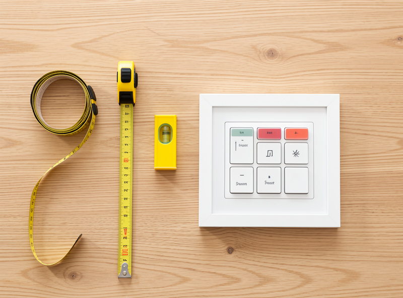 A tape measure, bubble level and a desk frame controller with memory preset buttons on a wooden desktop
