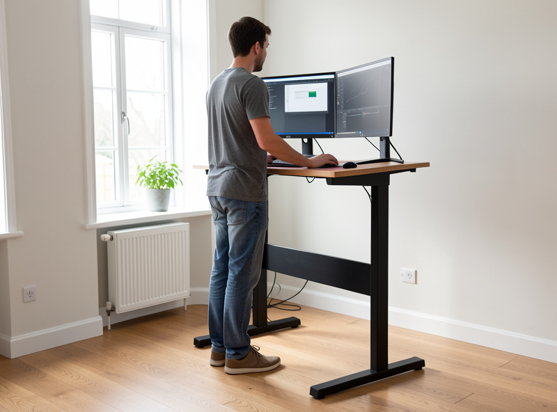 A tall person working at a fully raised standing desk with dual monitors in a home office
