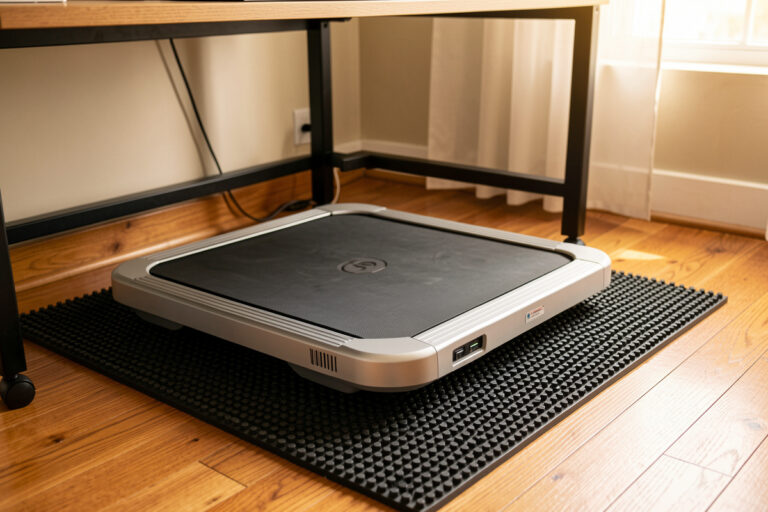 Walking pad on a dense rubber mat protecting a hardwood floor