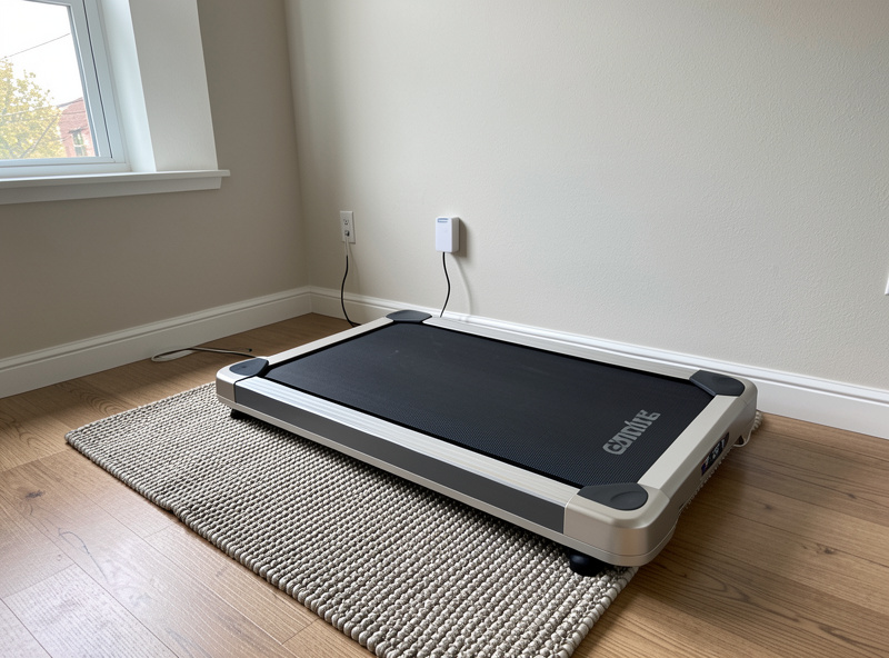 A walking pad on a dense mat positioned over a load-bearing area near a wall in an apartment